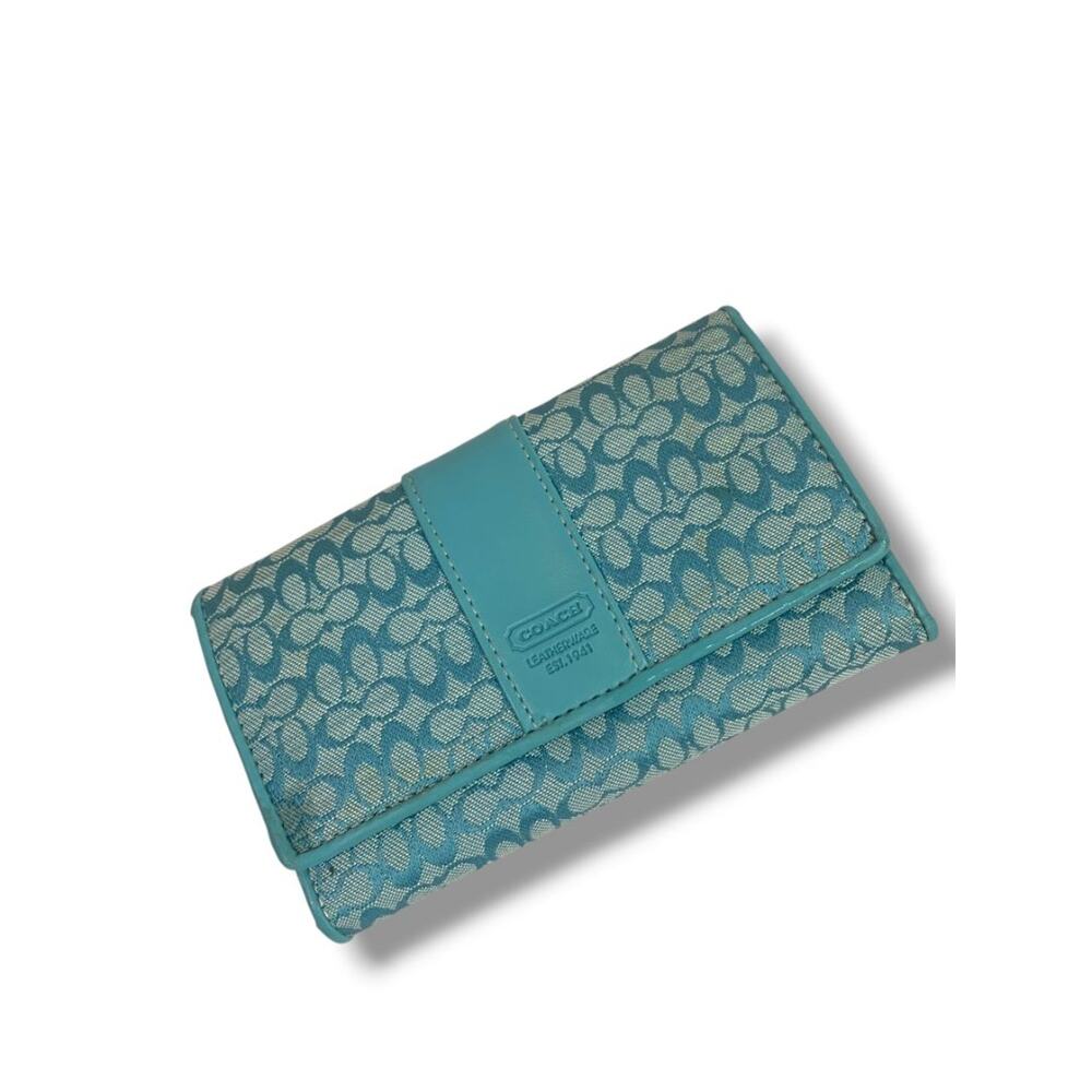 Coach Signature Canvas Tri Fold Wallet Teal Blue Leather Trim Snap Closure